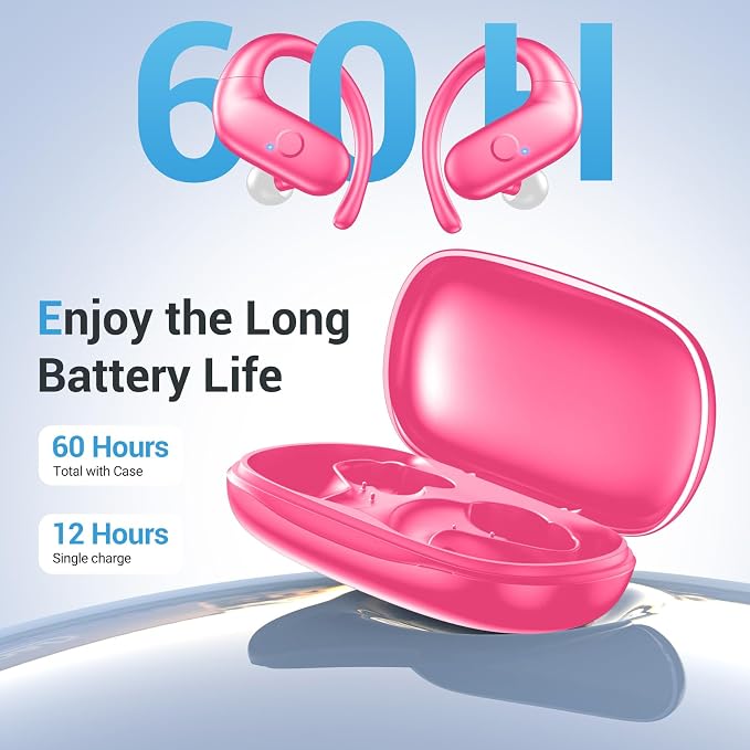 Sport Wireless Earbuds,60Hrs BT5.4 ENC IPX7 Waterproof Earhooks Deep Bass | 14.2mm drivers deliver rich stereo sound. Soft silicone ensures a secure, painless fit for long workouts. - Image 7