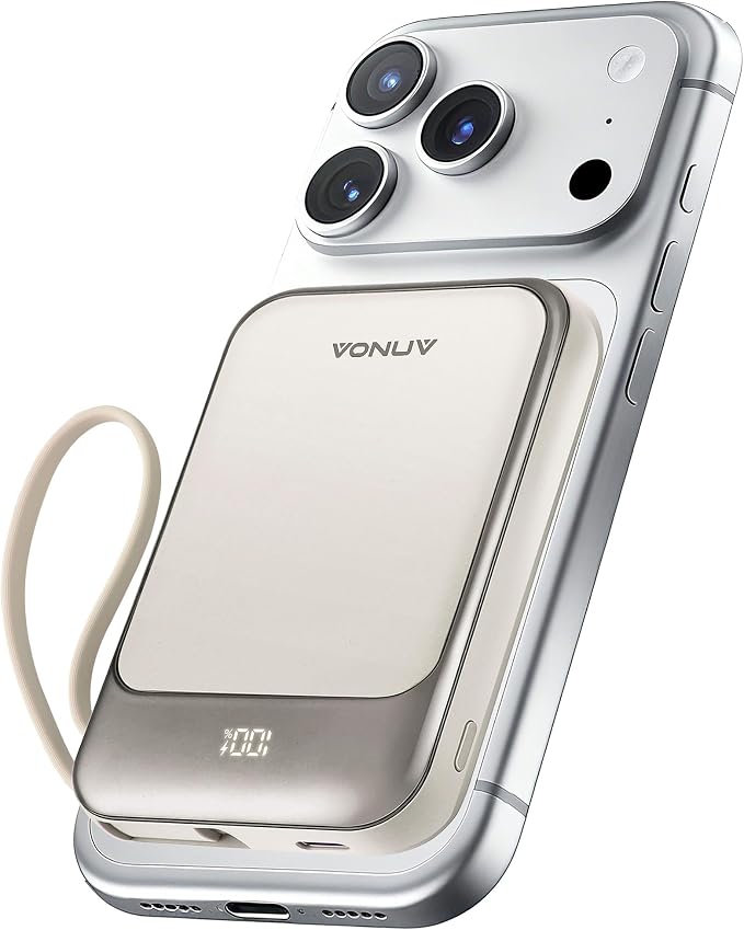 Magnetic Power Bank 10000mAh, Wireless Portable Charger with 15W Max Fast Charging & Built-in USB-C Cable, 22.5W PD LED Display Battery Pack Compatible with iPhone 17/16/15, Samsung Galaxy(white) by VONUV