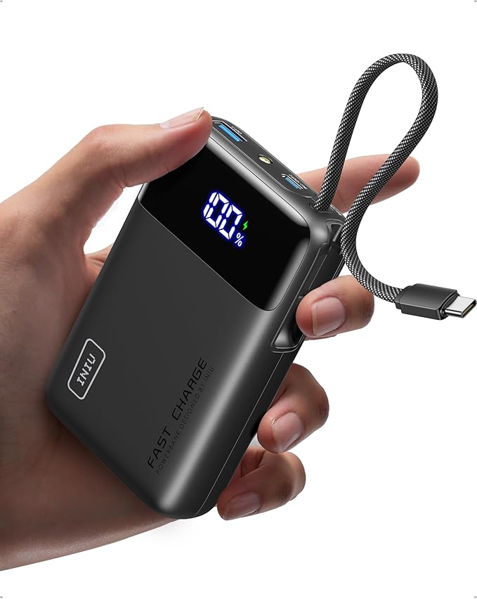 INIU 20000mAh Power Bank, Small Portable Charger, 45W PD Fast Charging Battery Pack with Build in USB-C Cable, Travel Phone Charger for iPhone 17 16 15 14 Air Samsung S25 S24 Google iPad Xiaomi, Black by INIU