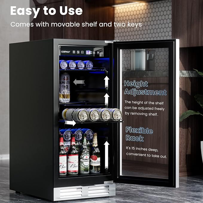COSTWAY 15 Inch Beverage Cooler Refrigerator - 3.5 Cu.ft Mini Fridge with Glass Door, Lock and Removable Shelves for Soda Beer Wine, Freestanding Small Drink Refrigerator for Home Office Bar - Image 4