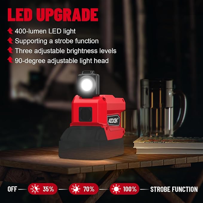 220W Azocek Power Inverter Compatible with Milwaukee 18V Battery, DC 18V to AC 110V Portable Power Station with 1 AC Outlet, 2 USB Ports & 1 Type-C Fast Charging, 400LM LED Work Light - Image 6