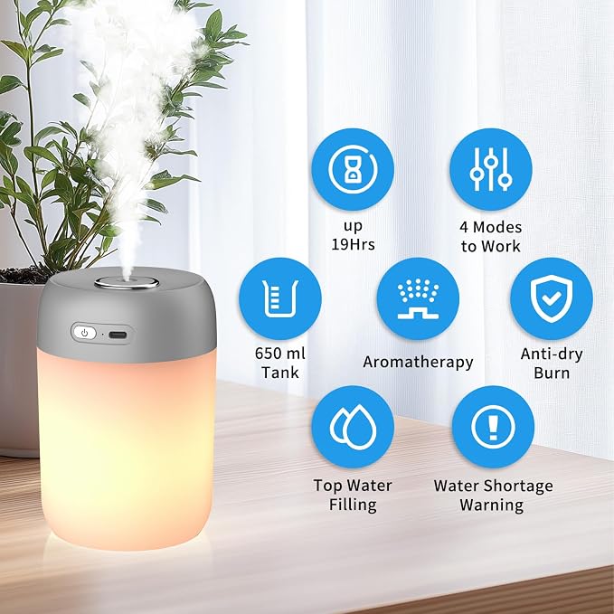 Night Lights Humidifiers For Bedroom, USB Rechargeable, LED Lights For Bedroom,4 Mode Portable Humidifier Fit For Various Scenarios,<28dB, Auto Shut-off, Ideal For Home Travel Plants(Gray） - Image 2