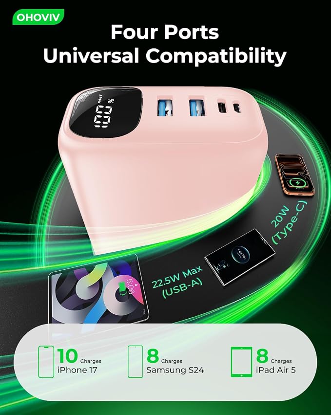 OHOVIV Portable Charger 50000mAh Power Bank - 22.5W Fast Charging External Battery Pack,USB-C Portable Phone Charger for iPhone 17/16/15/14/13 Pro Android Samsung, for Travel Camping Essential-Pink - Image 8