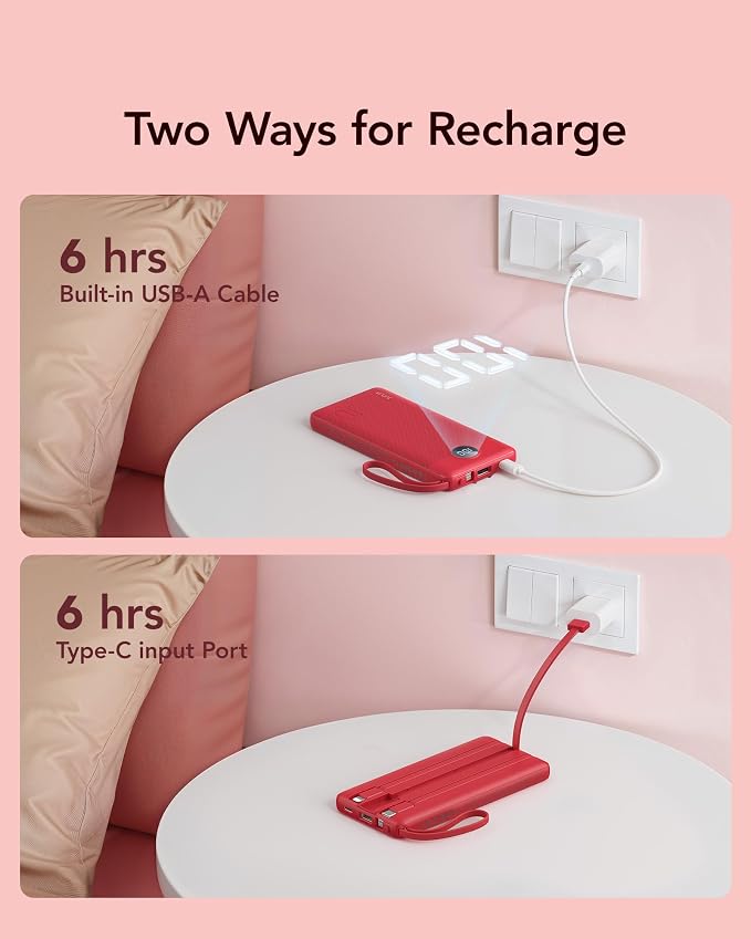 VRURC Portable Charger, 10000mAh Power Bank Built in Cables for iPhone, Slim Compact Travel Essential, 5 Outputs 2 Inputs USB C Battery Pack for iPhone 17 16 15 14 13, Samsung, Android etc-Magenta - Image 7