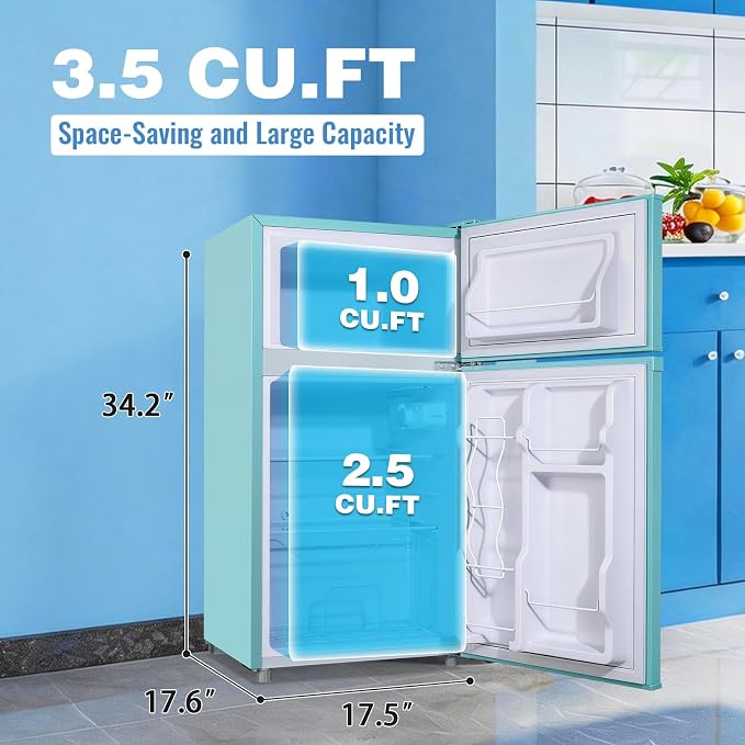 3.5 Cu.Ft Compact Refrigerator Blue, Dual-Door MIni Fridge for Home | 2 Removable Glass Shelves, Large Capacity with 7 Settings, Low Consumption for Dorm Apartment - Image 8