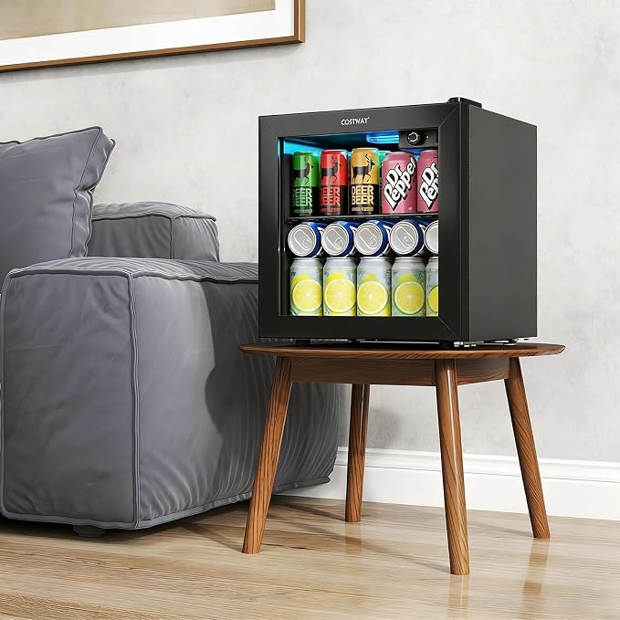 COSTWAY 1.3 Cu. Ft. Beverage Refrigerator Cooler, 55 Cans Mini Fridge | 12 Bottles Tempered Glass Door, Removable Shelf & Adjustable Temperatures, Compact Drink Cooler for Wine, Beer & Soda - Image 4
