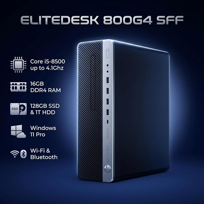 HP EliteDesk 800G4 PC,Core i5-8500,24'' Monitor,16G DDR4,128G SSD(Renewed) | SFF Desktop Computer PC, i5 up to 4.1GHz, 1T HDD, 24 inch FHD, WiFi 5, Bluetooth,Windows 11 Pro,Home or Office PC - Image 2