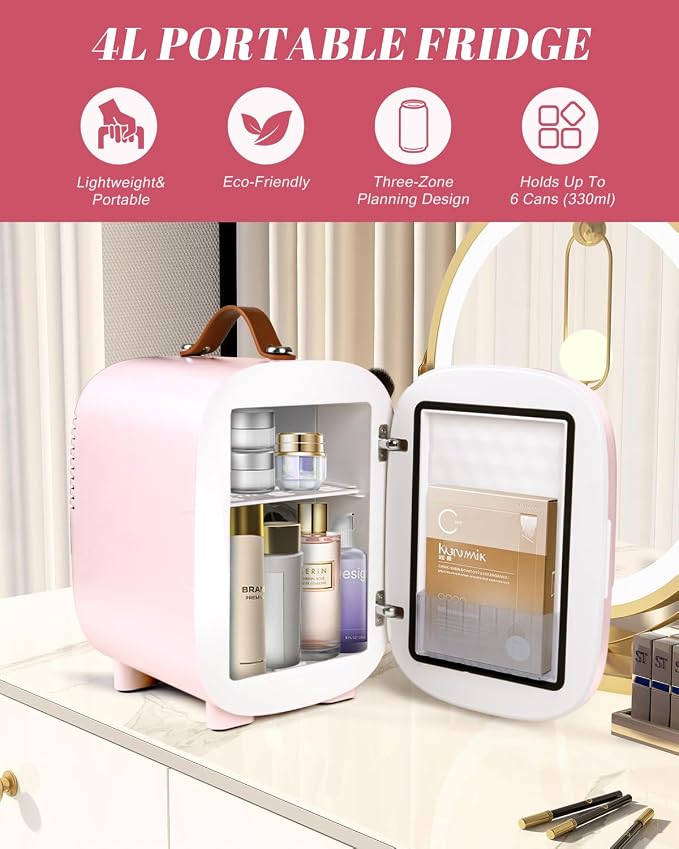 Mini Fridge for Bedroom, 4 Liter/6 Can Skincare Fridge With LED Mirror & Leather Carrying Handle,12v AC/DC Cooler & Warmer Portable Small Refrigerator for Drinks, Makeup, Dorm, Office and Car(Pink) - Image 5