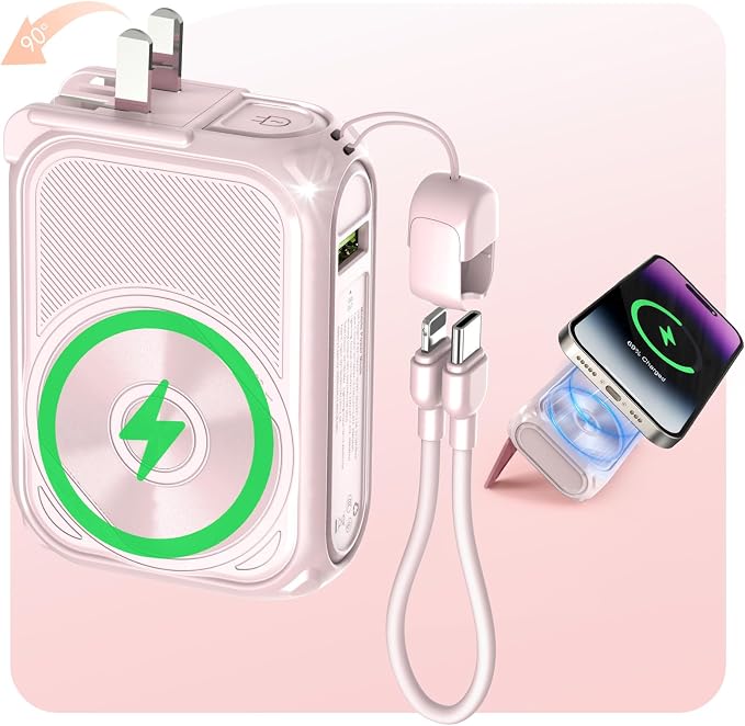 P05 Portable Charger, Magnetic Power Bank, Small Wireless PowerBank,Emergency Battery Pack 10000mAh Travel Essentials Fast Charging with Built in Cable, Wall Plug for iPhone,Samsung,Andriod (Pink) by SEANCHEER