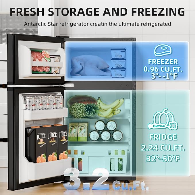 Antarctic Star Compact Refrigerator with Freezer,2 Door Mini Fridge,Adjustable Shelf,Small Fridge for Bedroom Office Dorm Kitchen,3.2 Cu.Ft.BLACK - Image 2