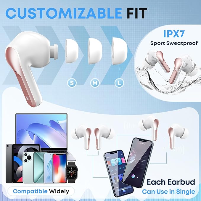 Wireless Earbuds, Bluetooth 5.4 Headphones HiFi Stereo 50H Playback LED Digital Display Ear Buds with ENC Noise Canceling Headset, IPX7 Waterproof Earphones for Gym/Running/Work(Rose Gold) - Image 4