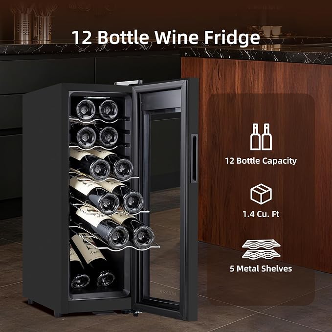 Mini Wine Fridge, 12 Bottle Compressor Wine Cooler Refrigerator, Freestanding Wine Cellar For Red&White Wine, Digital Temperature Control, Removable Shelves, Glass Door - Image 5
