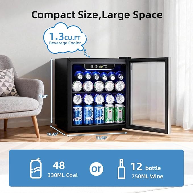 Antarctic Star Beverage Cooler Holds Up to 48 Cans & 12 Wine Bottles, Stainless Steel Glass Door Drink Fridge with Digital Display and Electronic Temperature Control, Silver - Image 2