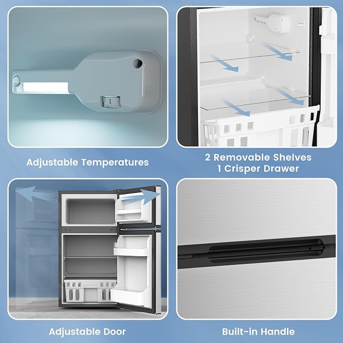 Electactic 3.1 Cu.Ft Mini Fridge with Freezer for Bedroom Office, Silver | 2 Reversible Door, Stainless Steel, Removable Glass Shelves, Adjustable Thermostat, Energy Saving, Small Fridge for Dorm - Image 3