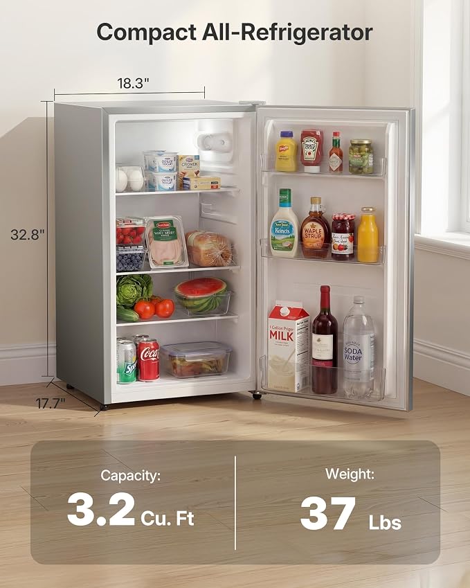 Upstreman 3.2 Cu.Ft All-Refrigerator Mini Fridge, Silver-CR32 | Premium Silver Finish, 7-Level Thermostat, ENERGY STAR Certified, Reversible Door, Small Fridge for Office, Bedroom or Dorm - Image 2