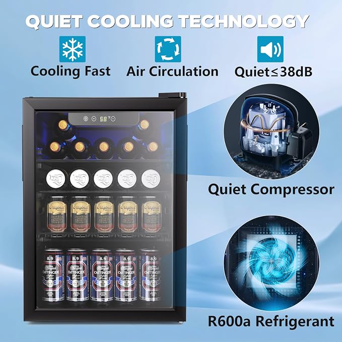 Electactic 2.6 Cu.ft Beverage Refrigerator Cooler, 95 Can Mini Fridge Glass Door with Adjustable Shelves, Digital Temperature Display, Freestanding Small Drink Fridge for Home, Office or Bar(Black) - Image 2