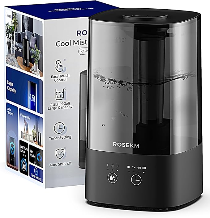 4.5L Humidifiers for Bedroom, Humidifiers for Home Large Room, Cool Mist Humidfiers for Baby and Plant with Timer, Adjustable Mist Level, 360° Nozzle, Auto Shut-Off, Black - Image 7