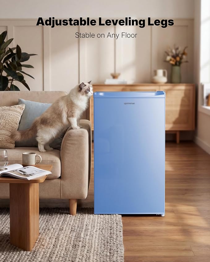 Upstreman 3.2 Cu.Ft Mini Fridge with Freezer, Blue-BR321 | Adjustable Thermostat, Energy Saving, Low Noise, Reversible Door, Small Refrigerator for Dorm, Bedroom, Office - Image 6