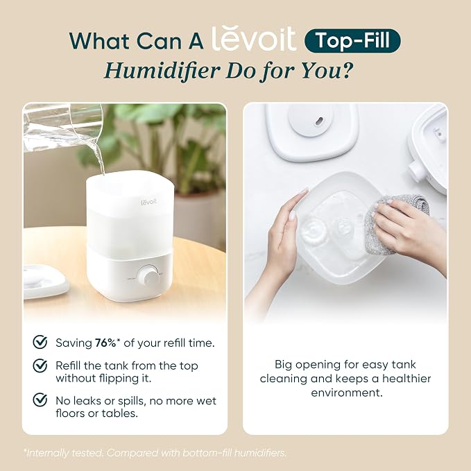 LEVOIT Top Fill Humidifiers for Bedroom, 2.5L Tank for Large Room, Easy to Fill & Clean, 28dB Quiet Cool Mist Air Humidifier for Home Baby Nursery & Plants, Auto Shut-off for Safety, 25H - Image 7