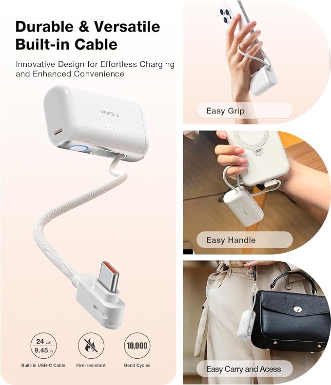 TORRAS iPhone 16 Portable Charger, 5000mAh 22.5W Power Bank with Built-in USB-C Cable, Fast Charge Battery Pack for iPhone 17/16/15, Galaxy S25, Google for Travel Outdoor Hiking Backup Battery, White - Image 7