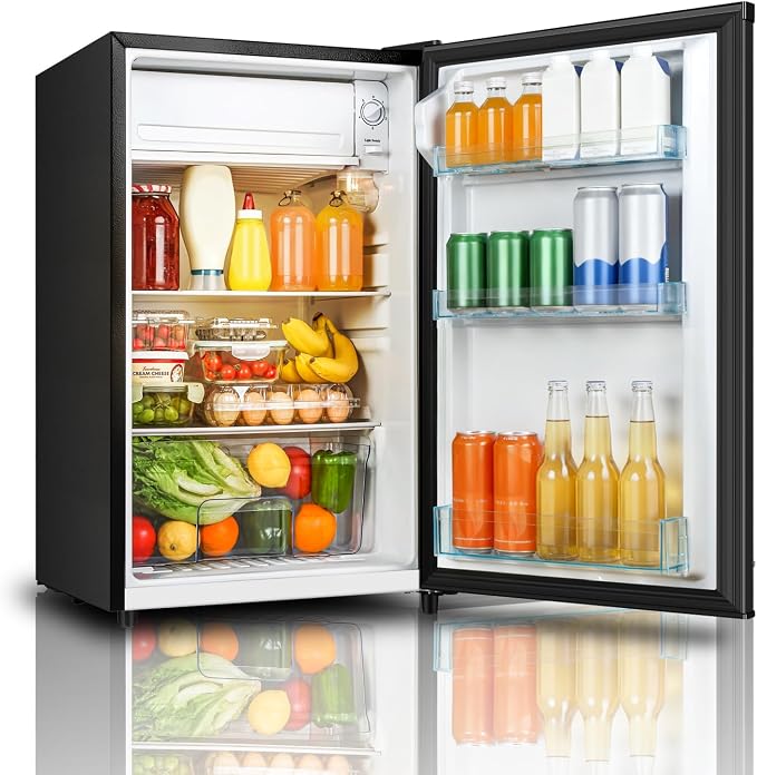 Seaoola Mini Fridge with Freezer, Single Door 4.4 Cu.Ft, Compact Mini Refrigerator, LED Light, Adjustable Thermostat, Removable Glass Shelves, Small Refrigerator for Dorm/Office/Bedroom(Black) by Saeoola