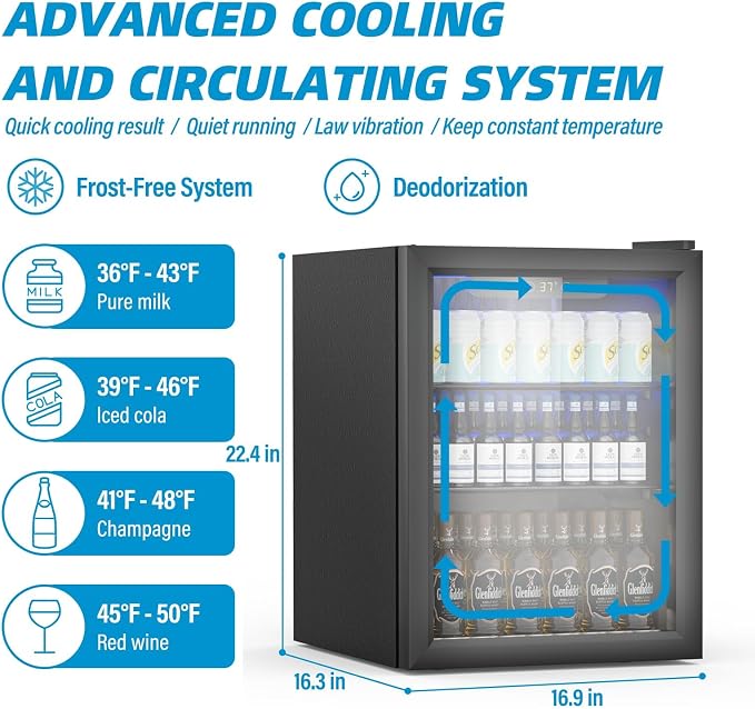 Erivess Compact Freestanding Beverage Refrigerator,70 Can/ 1.6 Cubic Feet Mini Fridge with Reversible Glass Front Door for Soda, Beer or Wine, Under Counter Small Refrigerator 2 Adjustable Shelves - Image 4