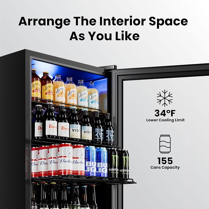 Yeego Beverage Refrigerator Drink Cooler, 155 Cans Mini Fridge | Double-pane Glass Door, for Soda Wine Beer Home Office Bar, 34°F-54°F Temperature Control, , Adjustable Shelves, Black - Image 3