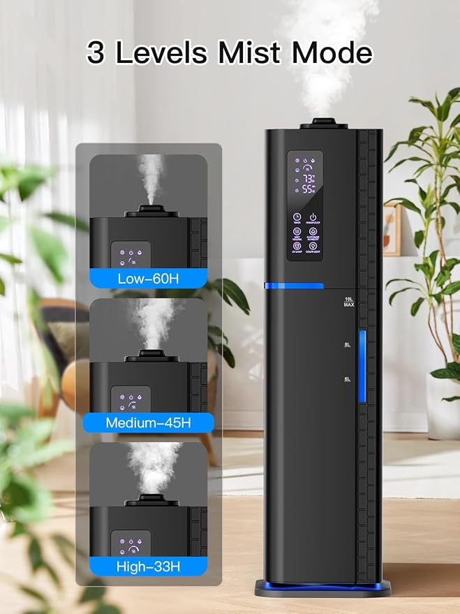 10L/2.64Gal Humidifier, Top Fill Quiet Ultrasonic Cool Mist Humidifiers for Bedroom, Covers 550ft², 60H Runtime, 24H Timer, 3 Mist Modes Humidifier Large Room, Home, Office, Plants, Black - Image 3