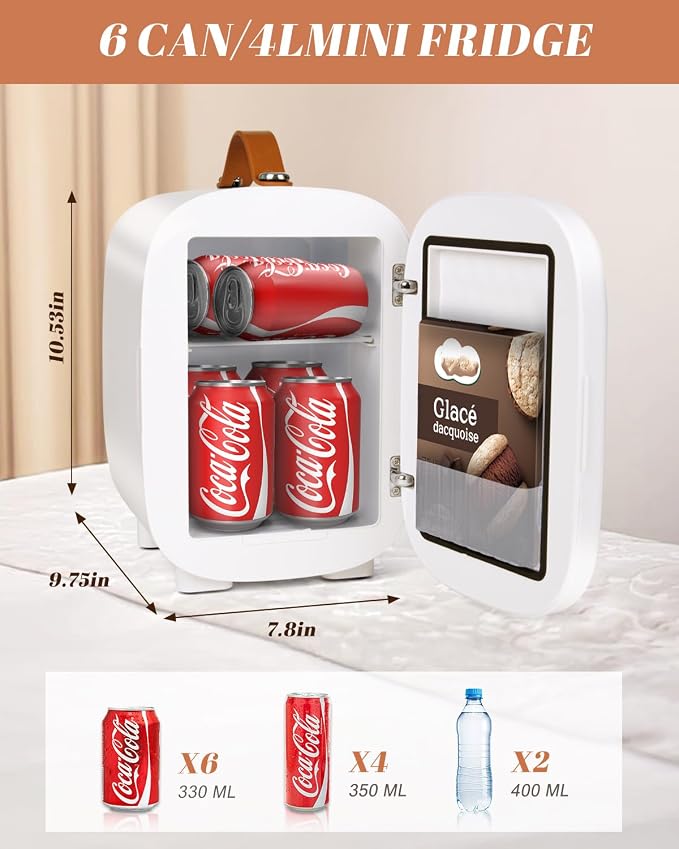 Mini Fridge for Bedroom, 4 Liter/6 Can Skincare Fridge With LED Mirror & Leather Carrying Handle,12v AC/DC Cooler & Warmer Portable Small Refrigerator for Drinks, Makeup, Dorm, Office and Car(White) - Image 2