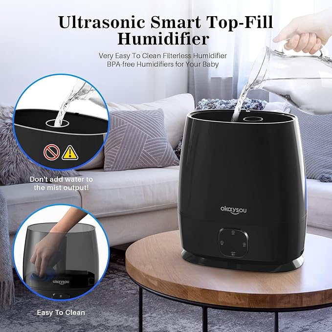 Okaysou Humidifiers, 6L Smart Humidifier and Diffuser for Bedroom Large Room W/Remote Control, Filterless, 50 Hour Top Fill Cool Mist Humidifiers with Humidistat for Babies, Plant, Sleep Mode, Timer - Image 4