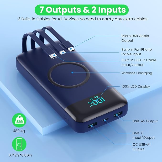 YHO Wireless Portable Charger 40800mAh for iPhone with Built-in Cables,15W Wireless Charging USB C Power Bank,25W PD Fast Charging Travel Essential Battery Pack for iPhone 17/16/15/14-Dark Blue - Image 5