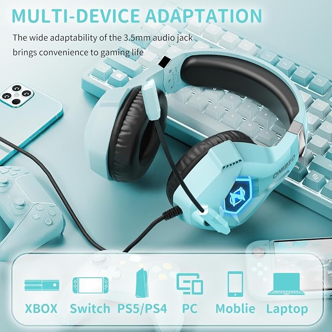 Ozeino Gaming Headset for PC, Ps4, Ps5, Xbox Headset with 7.1 Surround Sound, Gaming Headphones with Noise Cancelling Mic RGB Light Over Ear Headphones for Xbox Series X/S, Switch-Light Blue - Image 3