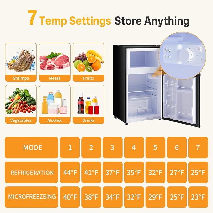 NEWBULIG Mini Fridge with Freezer, 3.2 Cu.Ft Fridge for Small Space, Black | Double Door Compact Refrigerator, 7-Level Thermostat, 41 dB Quiet, 0.8 kWh Daily, Dorm, Office, Apartment - Image 3