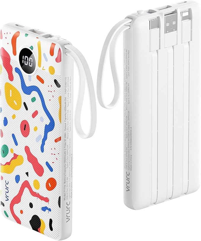 VRURC Portable Charger, Built-in Cables Power Bank 10000mAh, LED Display Slim USB C Battery Pack with 5 Output 2 Input for iPhone, Samsung, Android etc-White(1 Pack) by Home