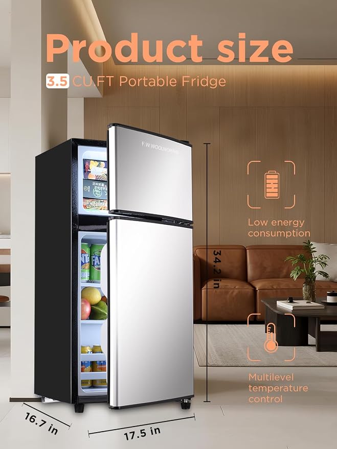 F.W.WOOLWORTHS 3.5 Cu.Ft Refrigerator with Freezer | Compact Fridge with 2 Doors for Office, Kitchen, Dorm and Bedroom, 7 Level Temp Adjustable Thermostat, Silver - Image 2