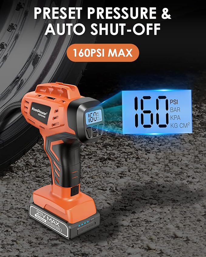 KeenPower Tire Inflator Air Compressor, 21V Cordless Car Tire Pump with Rechargeable Li-ion Battery, 12V Car Power Adapter, Digital Pressure Gauge, Suitable for Cars E-bikes Balls Motorcycles - Image 4