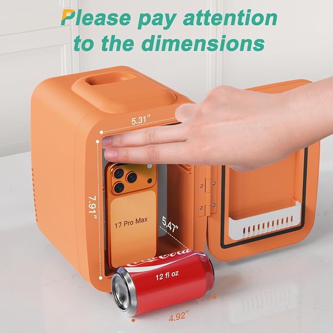 CROWNFUL Mini Fridge, 4 Liter/6 Can Portable Cooler and Warmer Personal Refrigerator for Skin Care, Cosmetics, Beverage, Food,Great for Bedroom, Office, Car, Dorm(Orange) - Image 2