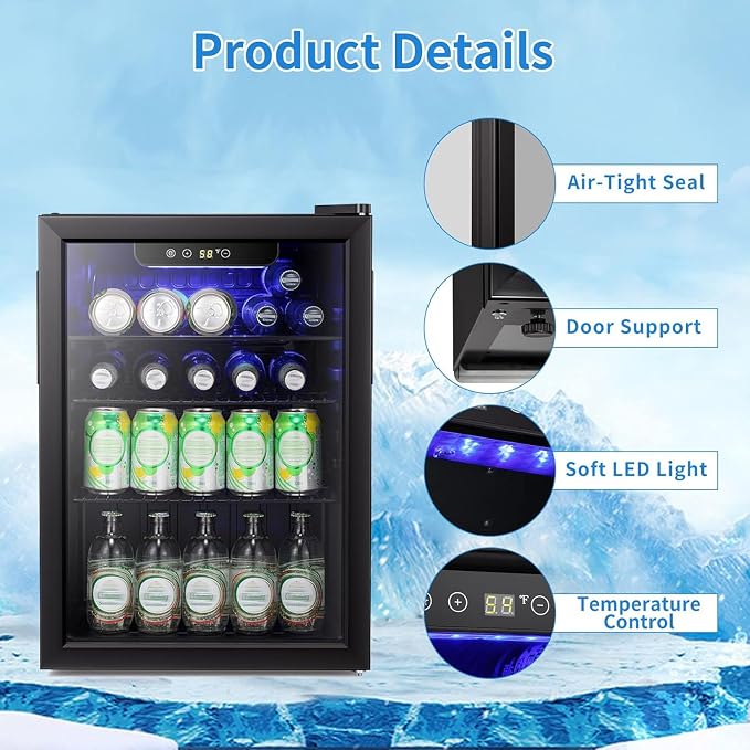 Antarctic Star Mini Fridge-95 Can Beverage Refrigerator Wine Cooler Clear Front Glass Door Small Drink Touch Screen for Soda Beer Bar Office Home 2.6 cu.ft | 95 Can Capacity, Clear Front Glass Door, Touch Screen for Soda Beer Bar Office Home - Image 4