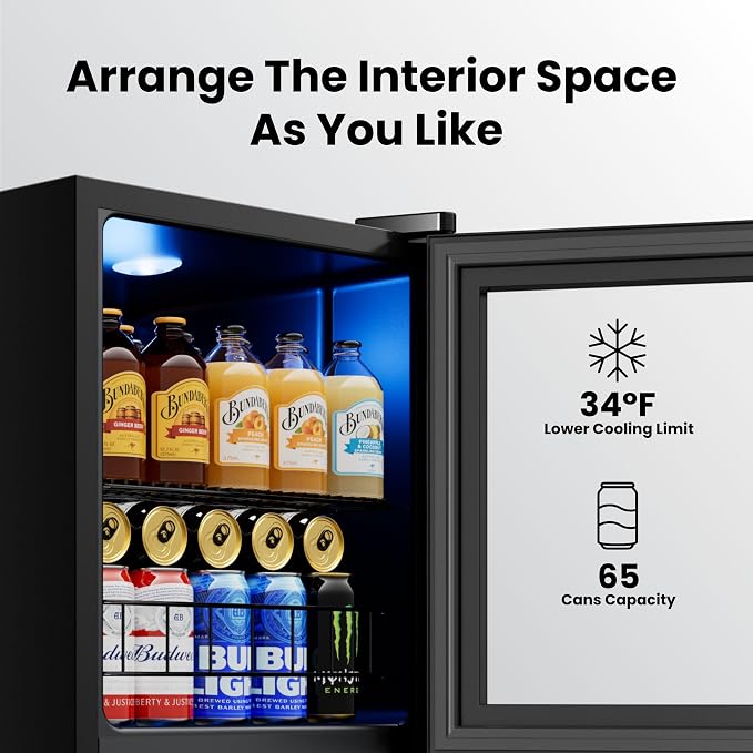 Yeego Beverage Refrigerator Drink Cooler, 65 Cans Mini Fridge Glass Door | Soda Wine Beer Cooler, 34°F To 54°F Temperature Control, for Home Office Bar, Countertop, Black - Image 3