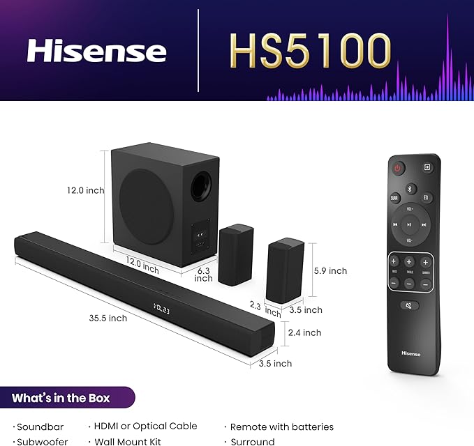 Hisense HS5100 5.1ch Soundbar with Wireless Subwoofer, Dolby Audio, DTS Virtual:X, Rear Surround Speakers, Center Speaker, HDMI ARC, Bluetooth 5.3, Remote Control - Image 2