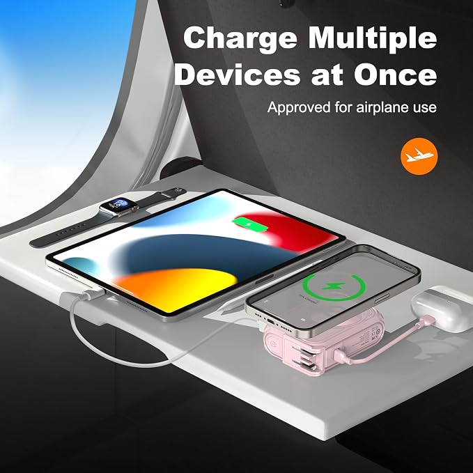 P05 Portable Charger, Magnetic Power Bank, Small Wireless PowerBank,Emergency Battery Pack 10000mAh Travel Essentials Fast Charging with Built in Cable, Wall Plug for iPhone,Samsung,Andriod (Pink) - Image 6