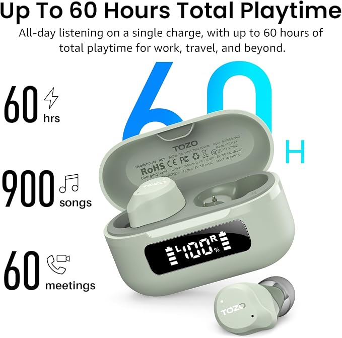 TOZO NC9 Hybrid Active Noise Cancelling Wireless Earbuds, 60H, LED Display | 6 Mic ENC Clear Calls, Deep Bass Sound, IPX8, in Ear Bluetooth 5.3 Headphones,32 EQs via APP, Comfort Fit Ear Buds, Green - Image 4
