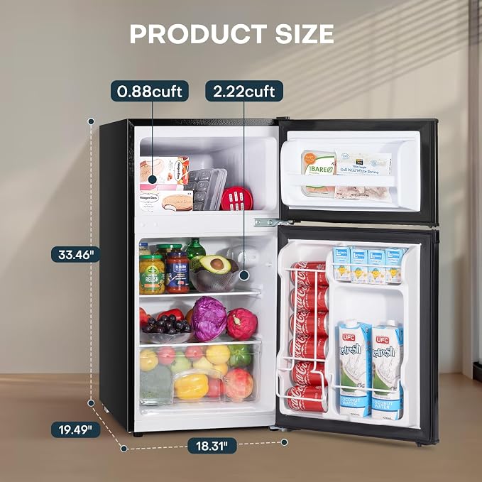 Upstreman 3.1 Cu.Ft Mini Fridge with Freezer, Stainless | Double Door Small Fridge, Adjustable Thermostat, Energy Saving, for Office, Dorm, Bedroom - Image 2