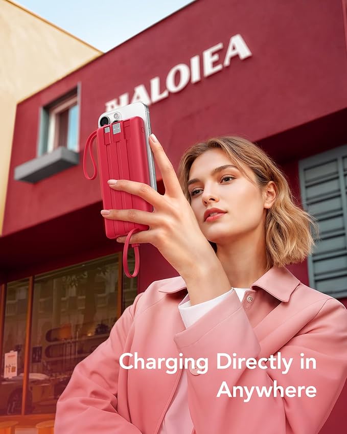 VRURC Portable Charger, 10000mAh Power Bank Built in Cables for iPhone, Slim Compact Travel Essential, 5 Outputs 2 Inputs USB C Battery Pack for iPhone 17 16 15 14 13, Samsung, Android etc-Magenta - Image 5