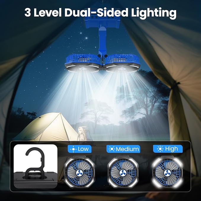 Dual Head Portable Rechargeable Fan 20000mAh Battery Powered Camping Fan Cordless with LED Lantern & Remote, Auto Oscillation, Hook, Battery Operated for Tent Office Travel Picnic Jobsite Orange - Image 4