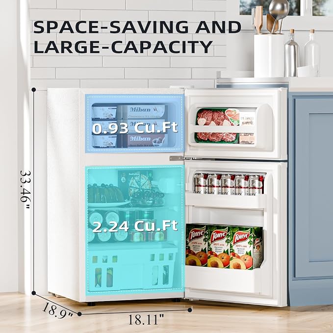 Kismile 3.2 Cu.Ft Mini Fridge with Freezer, 2 Door Dorm Refrigerator White | Adjustable Thermostat, Removable Shelves, Food & Beverage Storage, Dorm Mini Fridge for Bedroom/ Office/ College/ Apartment - Image 2