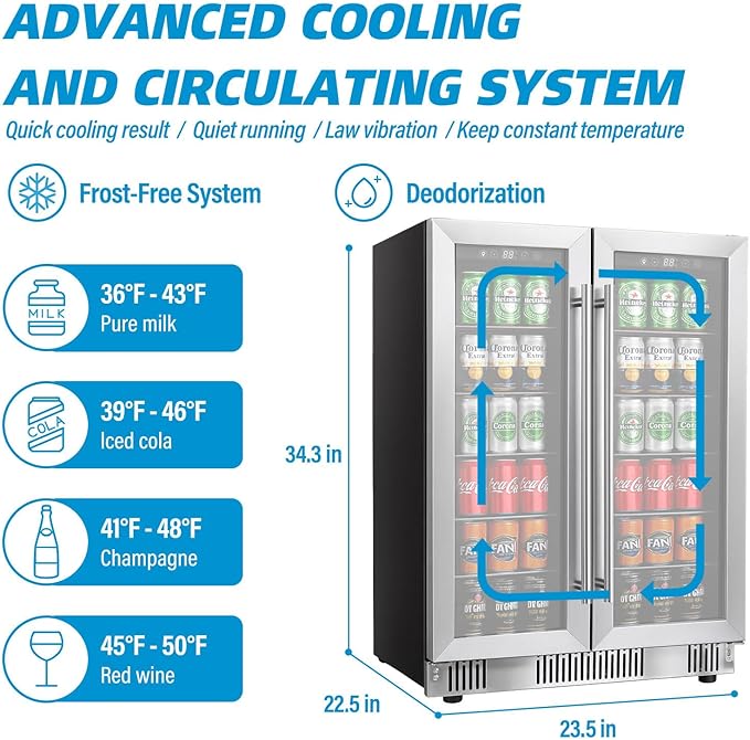 Erivess 24" Fridge 176Can Beverage Refrigerator Cooler Dual Zone Glass Door | 5.4 Cu Ft Drink Fridge Large Capacity for Home/Bar with LED Display, Digital Temperature Control, Removable Shelves, Silver - Image 5