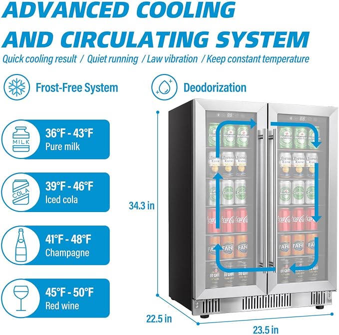 Stopasd Beverage Refrigerator Cooler, 5.4 Cu.Ft/176 Can Drink Fridge with Dual Zone Beverage Cooler Under Counter with Glass Door&LED Light, Quiet Undercounter Small Fridge for Home/Office/Bar, Silver - Image 4