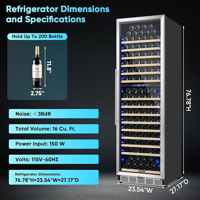 200 Bottle Wine Fridge Dual Zone, Wine Refrigerator 24 Inch Freestanding/Built-in, Large Wine Cooler Refrigerator with Advanced Temperature Control & Compressor Cooling, Quiet Operation - Silver - Image 7