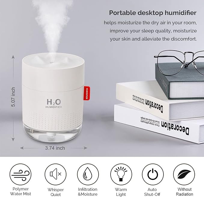 Portable Mini Humidifier, 500ml Small Cool Mist Humidifier, USB Personal Desktop Humidifiers for Baby Bedroom Travel Office Home, Auto Shut-Off, 2 Mist Modes, Super Quiet, White - Image 2